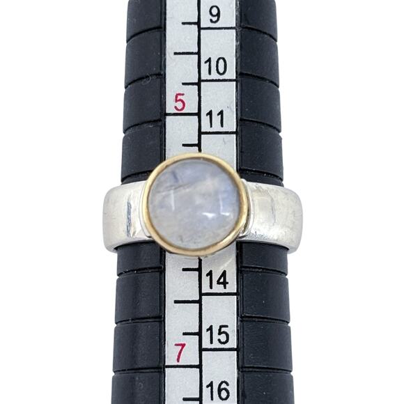 Rainbow Moonstone Gold Accent Bezel Ring | Sterling Silver 925 | Size 6 - Picture 9 of 15